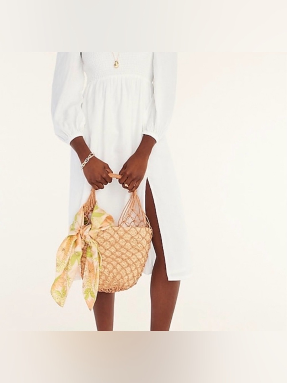 J. Crew White Linen SMOCKED TOP MIDI SLIT DRESS - Picture 4 of 8